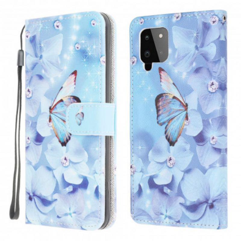 Flip Cover Samsung Galaxy A22 Med Snor Strappy Diamond Sommerfugle