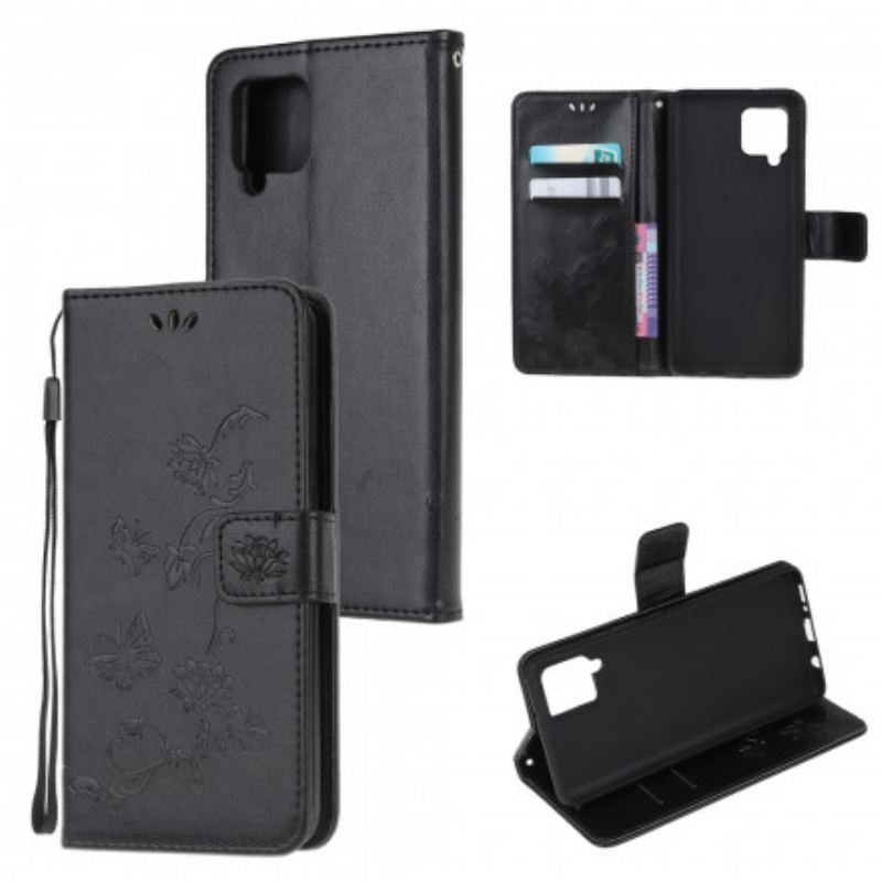 Flip Cover Samsung Galaxy A22 Med Snor Thong Sommerfugle Og Blomster