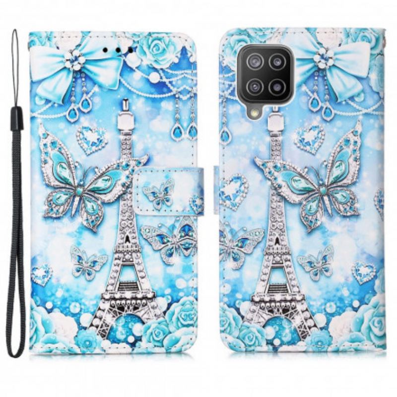Læder Cover Samsung Galaxy A22 Med Snor Eiffeltårnets Sommerfuglestrop