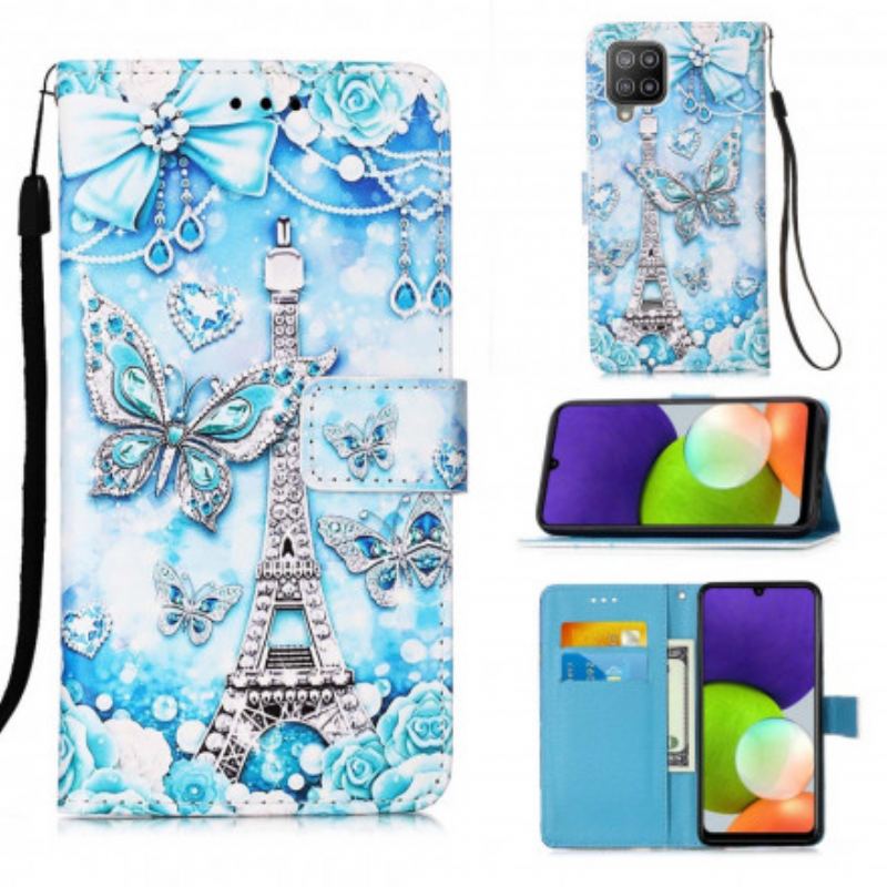 Læder Cover Samsung Galaxy A22 Med Snor Eiffeltårnets Sommerfuglestrop
