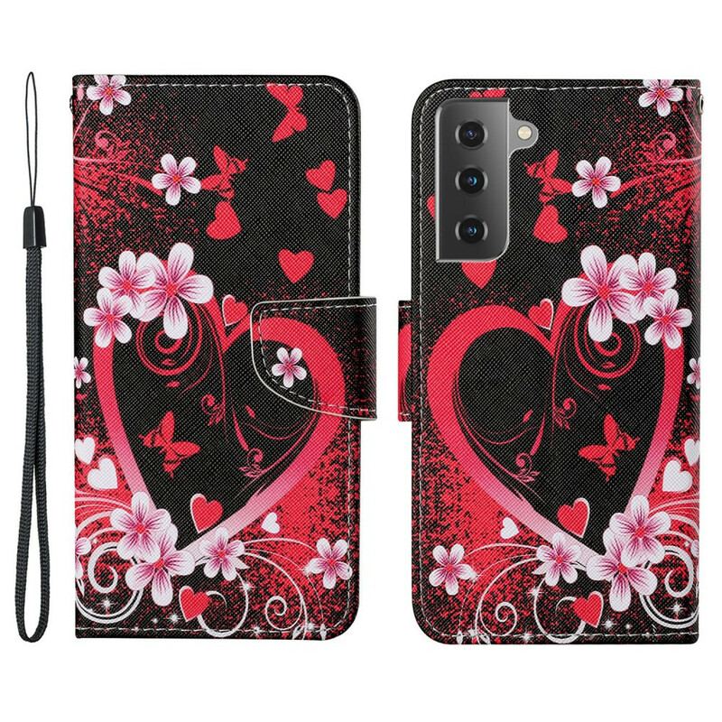 Flip Cover Samsung Galaxy S21 FE Blomster Og Hjerter Med Snor