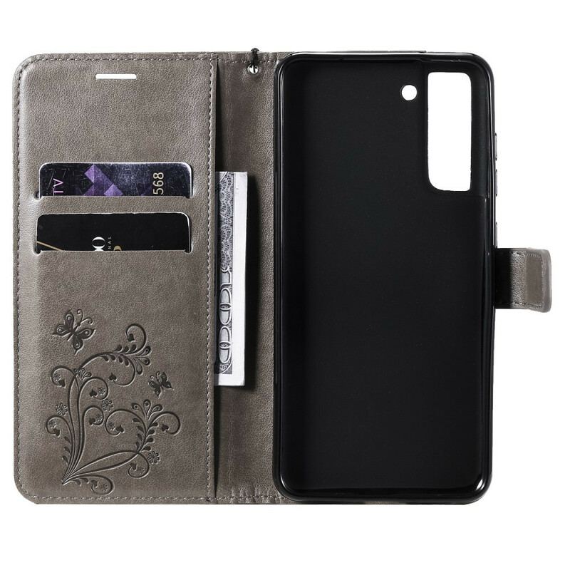Flip Cover Samsung Galaxy S21 FE Med Snor Kæmpe Sommerfugle Med Rem
