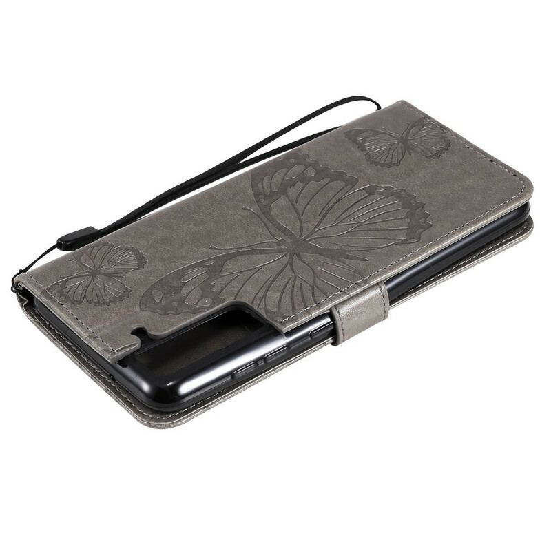 Flip Cover Samsung Galaxy S21 FE Med Snor Kæmpe Sommerfugle Med Rem
