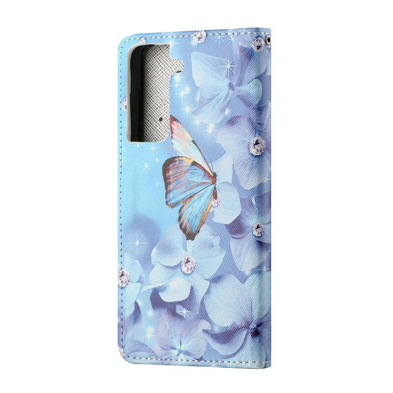 Flip Cover Samsung Galaxy S21 FE Med Snor Strappy Diamond Sommerfugle