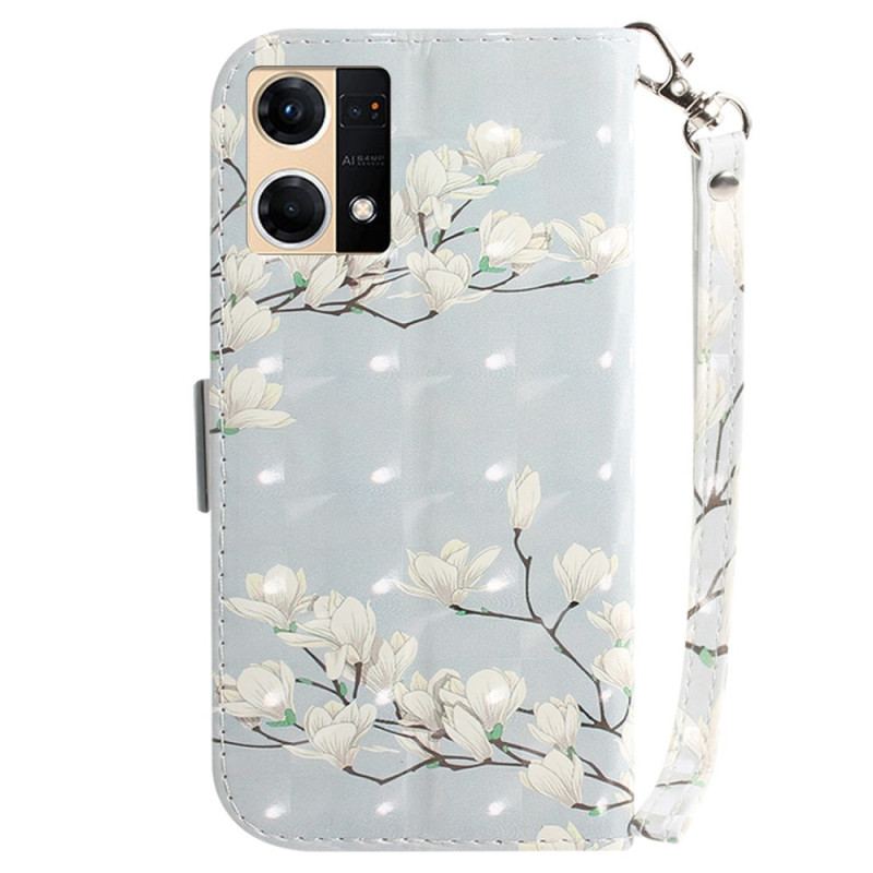 Flip Cover Oppo Reno 7 Gren Af Hvide Blomster