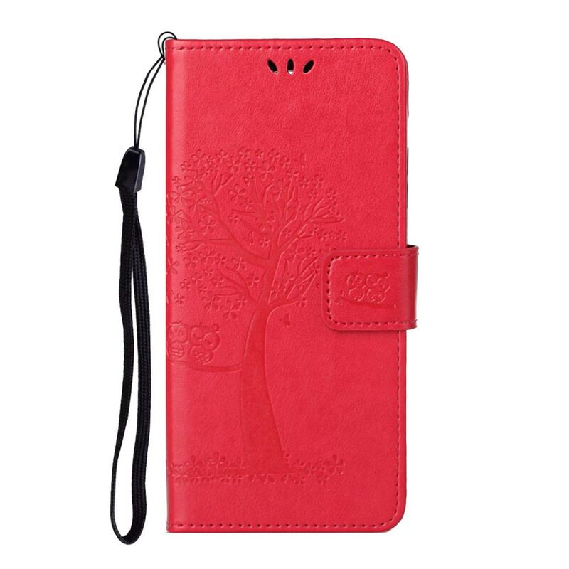 Læder Cover Xiaomi Mi 10T Lite Med Snor Thong Træ Og Ugler