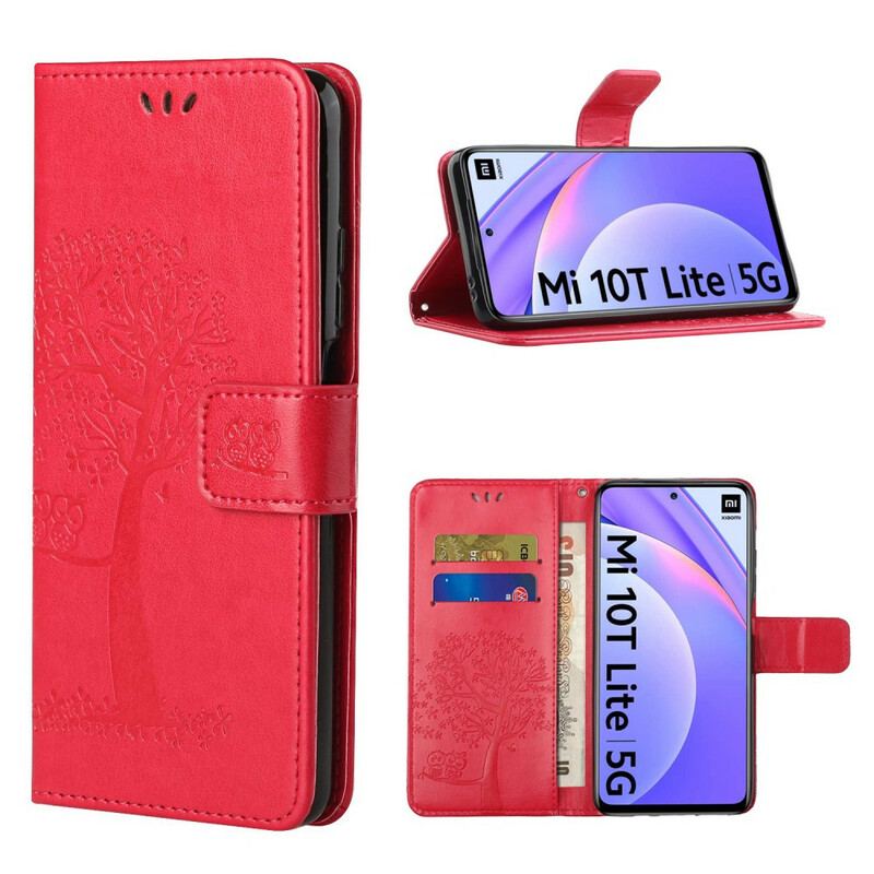 Læder Cover Xiaomi Mi 10T Lite Med Snor Thong Træ Og Ugler