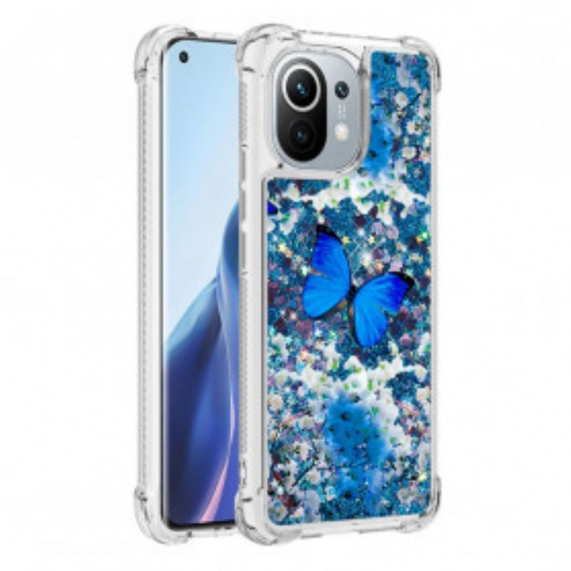 Cover Xiaomi Mi 11 (5G) Glitter Blå Sommerfugle