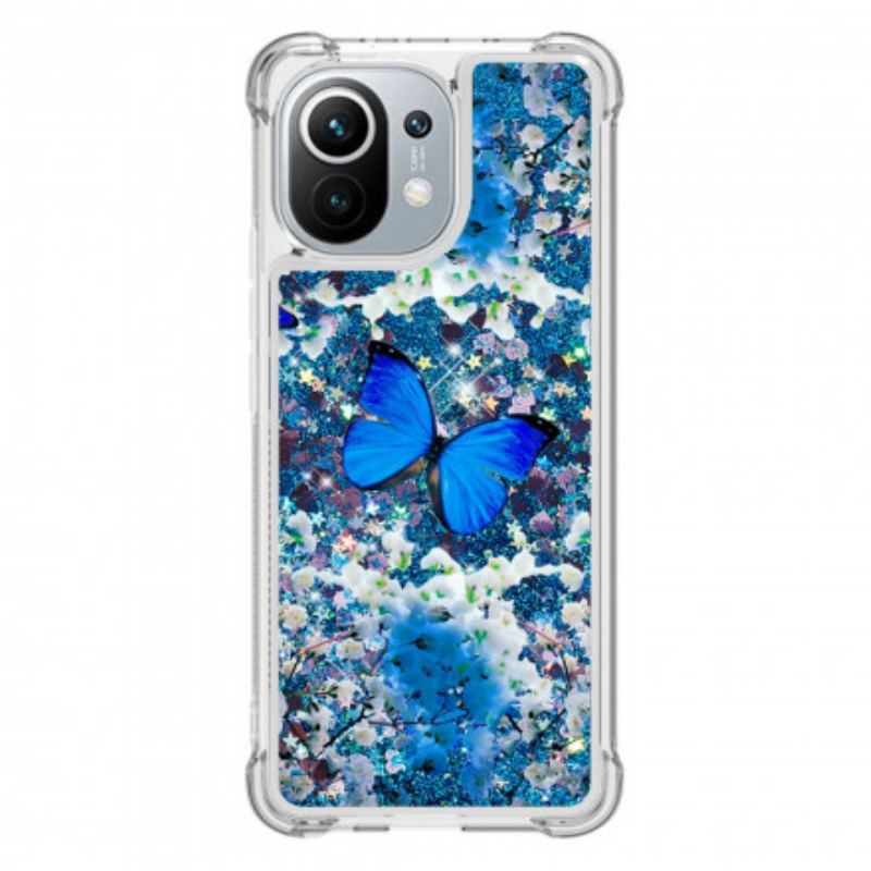 Cover Xiaomi Mi 11 (5G) Glitter Blå Sommerfugle