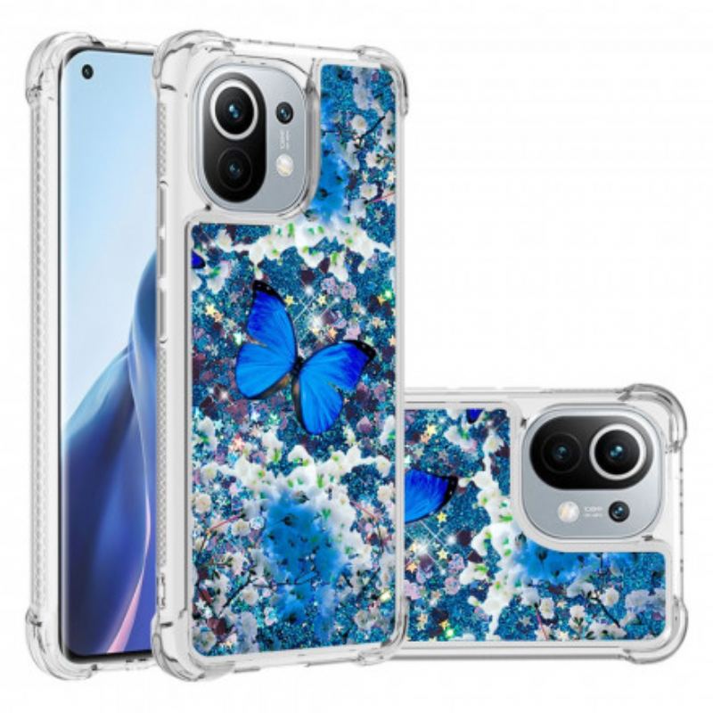 Cover Xiaomi Mi 11 (5G) Glitter Blå Sommerfugle