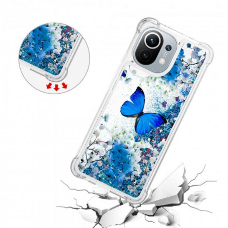 Cover Xiaomi Mi 11 (5G) Glitter Blå Sommerfugle