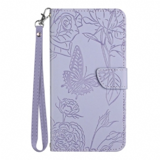 Læder Cover Realme C30 Med Snor Rem Blomster Paillon