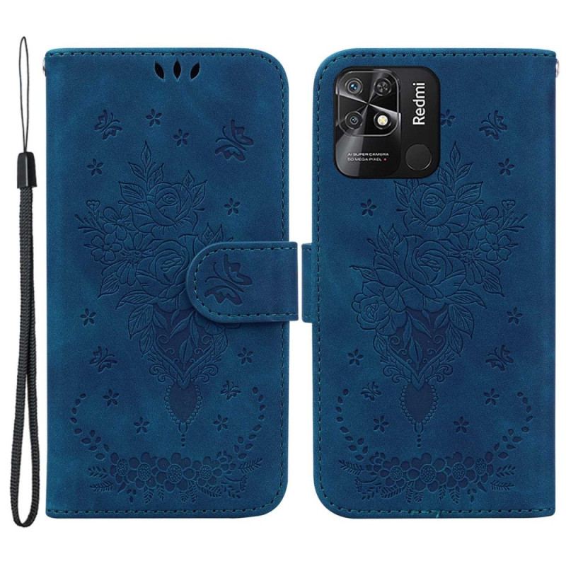 Flip Cover Xiaomi Redmi 10C Med Snor Strappy Roser Og Sommerfugle