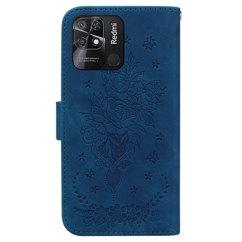Flip Cover Xiaomi Redmi 10C Med Snor Strappy Roser Og Sommerfugle