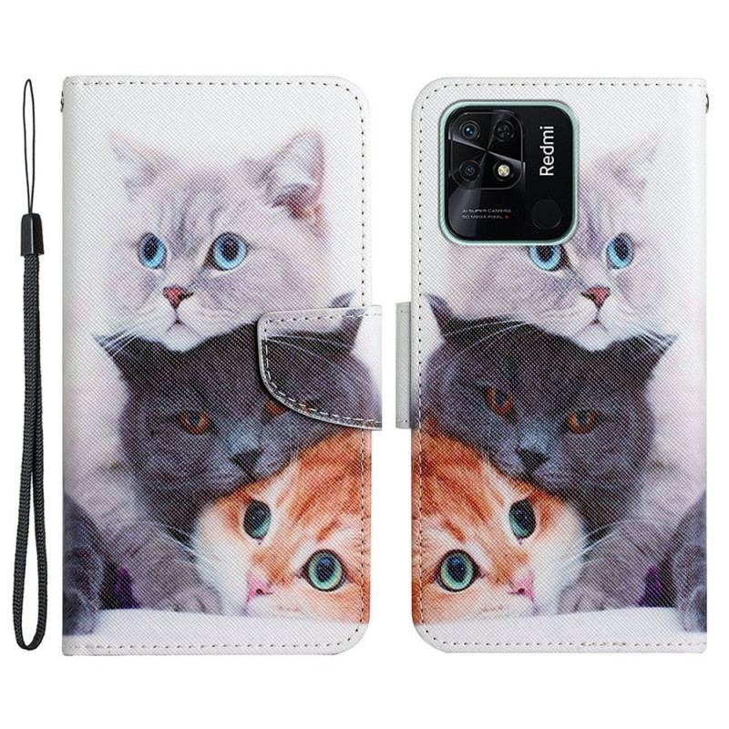 Læder Cover Xiaomi Redmi 10C Med Snor Kun Thong Cats