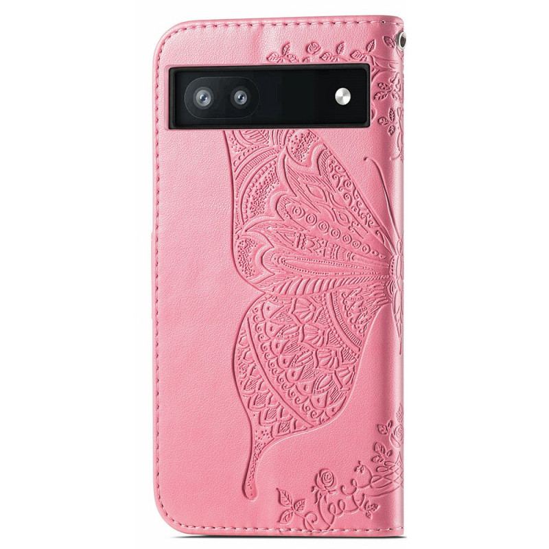 Flip Cover Google Pixel 6A Sommerfuglemønster Med Rem