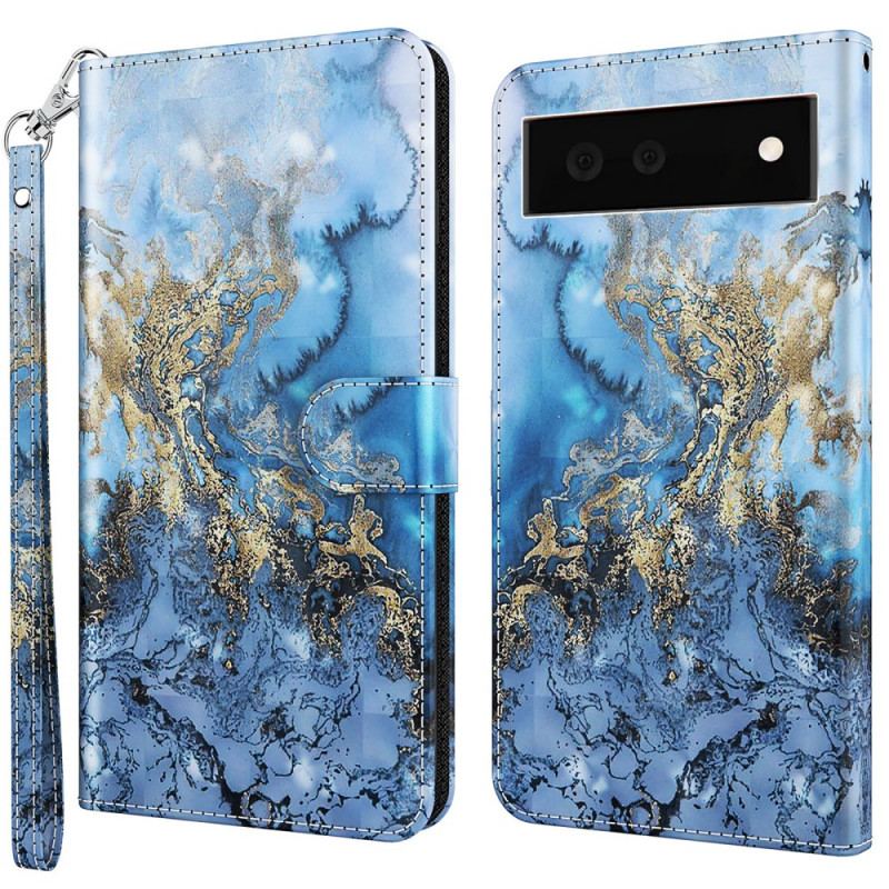 Læder Cover Google Pixel 6A Med Snor Stribet Marmoreffekt