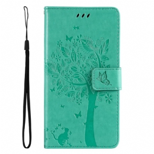 Flip Cover Vivo Y16 Med Snor Træ Og Strappy Kat