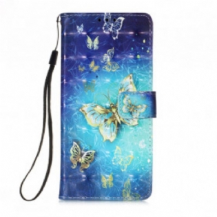 Flip Cover Motorola Edge 20 Lite Med Snor Gyldne Sommerfugle Med Rem