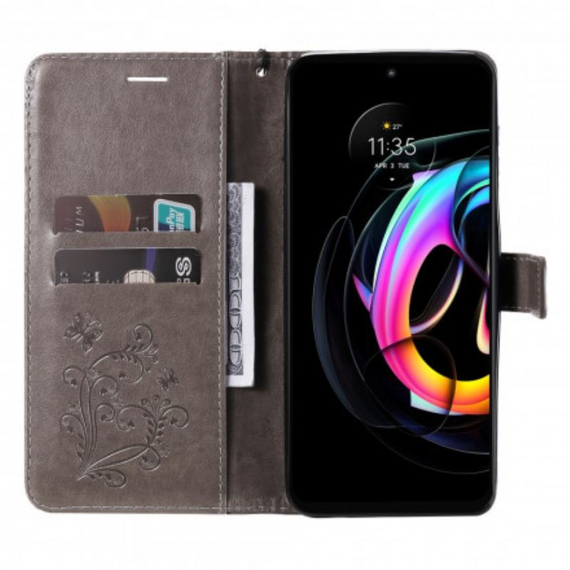 Flip Cover Motorola Edge 20 Lite Med Snor Kæmpe Sommerfugle Med Rem