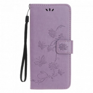 Flip Cover Motorola Edge 20 Lite Med Snor Sommerfugle Og Blomsterrem