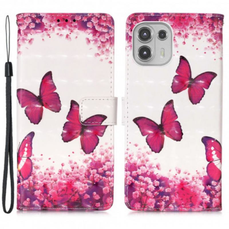 Læder Cover Motorola Edge 20 Lite Røde Sommerfugle
