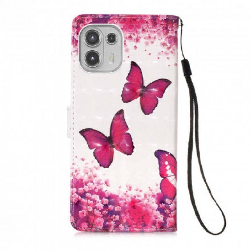Læder Cover Motorola Edge 20 Lite Røde Sommerfugle