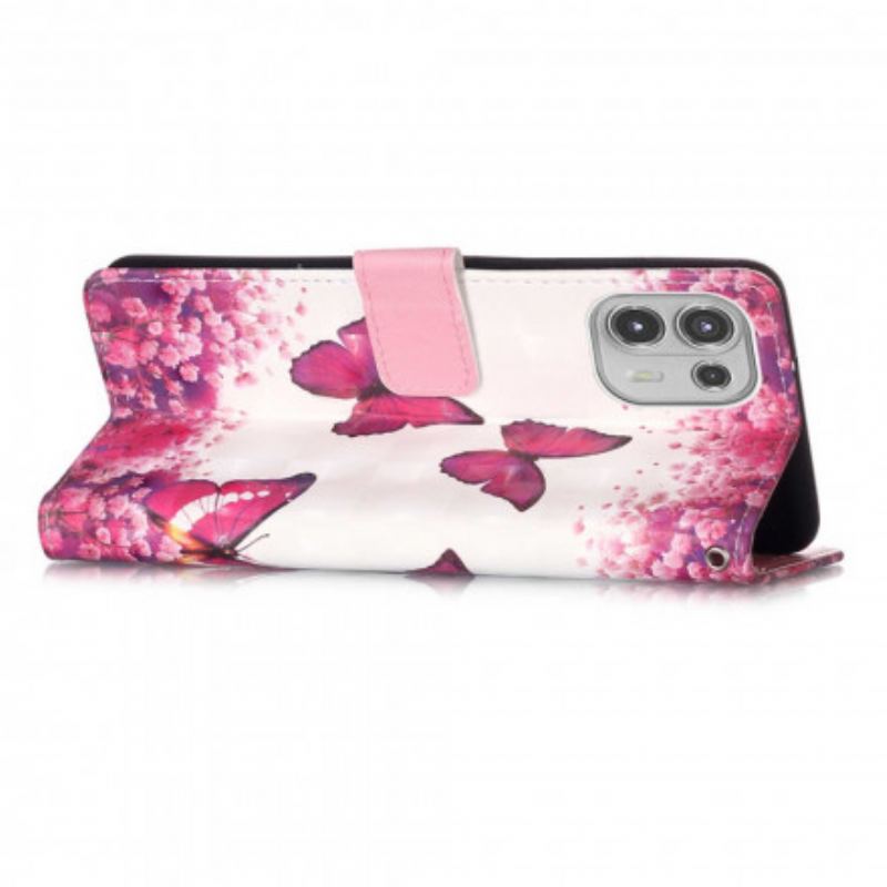 Læder Cover Motorola Edge 20 Lite Røde Sommerfugle