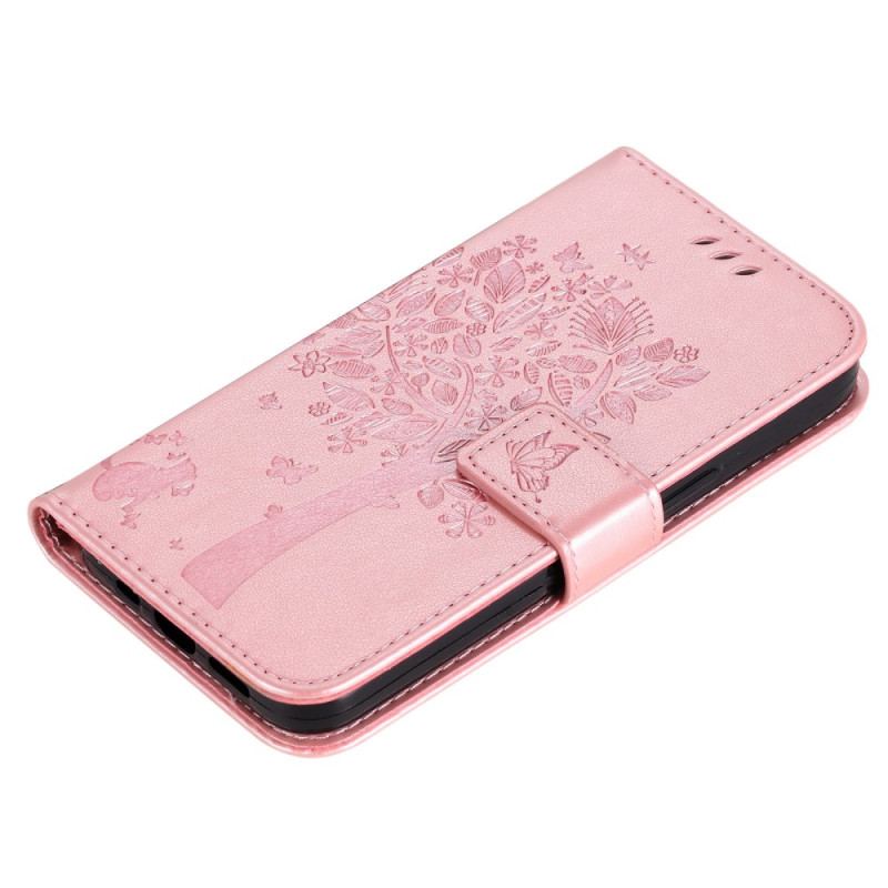 Flip Cover Oppo Reno 8 Med Snor Træ Og Strappy Kat