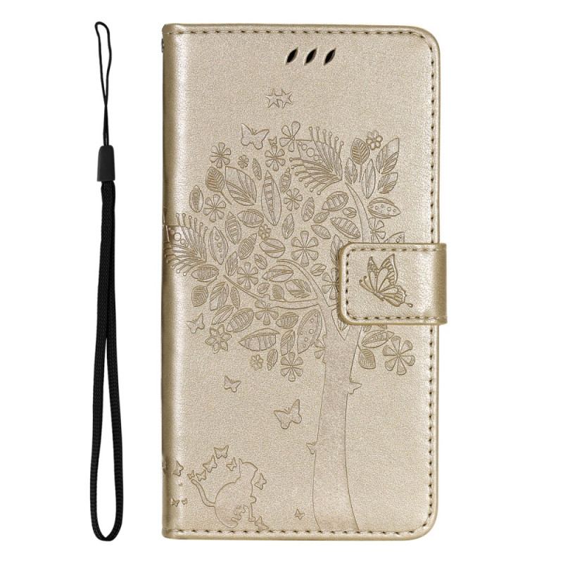 Flip Cover Oppo Reno 8 Med Snor Træ Og Strappy Kat