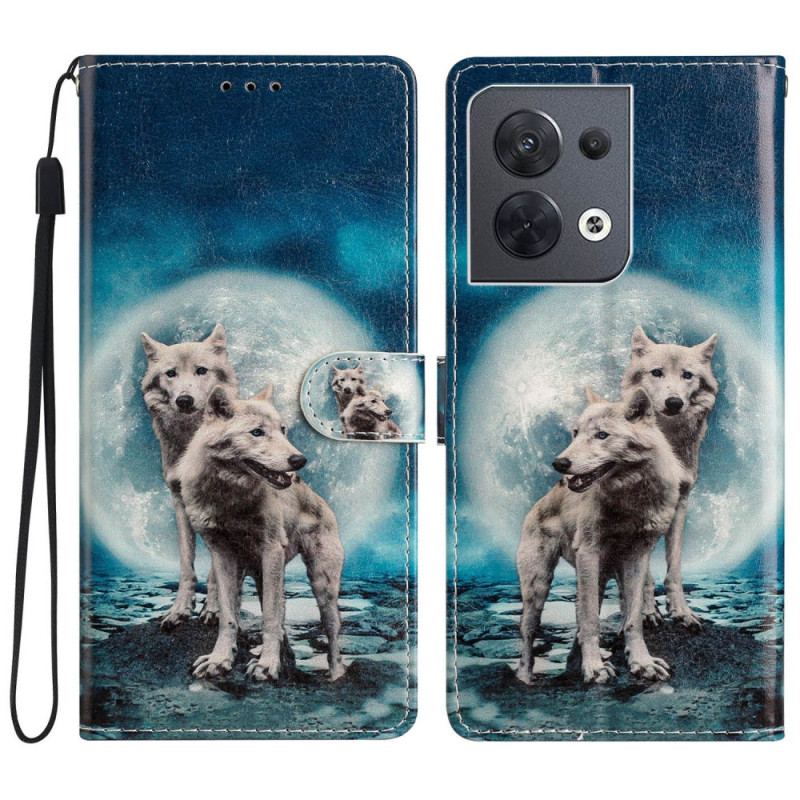 Læder Cover Oppo Reno 8 Med Snor Lanyard Wolf