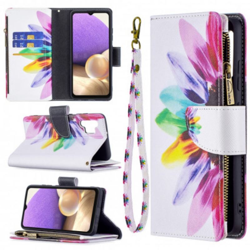 Flip Cover Samsung Galaxy A32 Blomsterlomme Med Lynlås