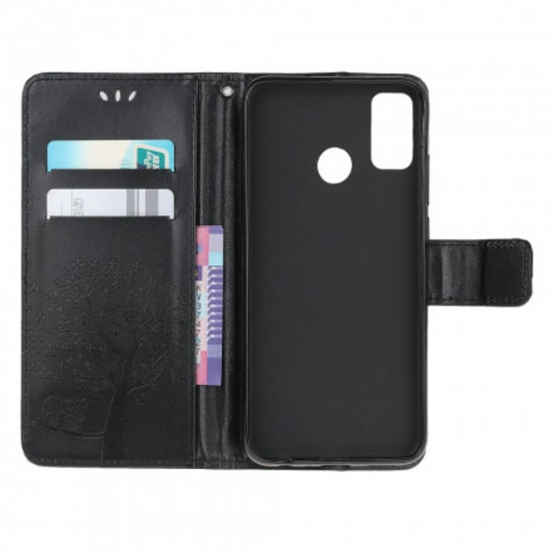 Læder Cover Moto G30 / G10 Med Snor Thong Træ Og Ugler