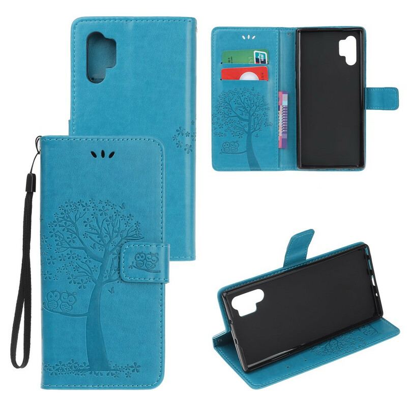 Flip Cover Samsung Galaxy Note 10 Plus Med Snor Thong Træ Og Ugler
