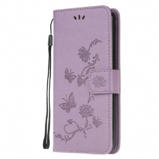 Flip Cover Samsung Galaxy A21s Med Snor Thong Sommerfugle Og Blomster