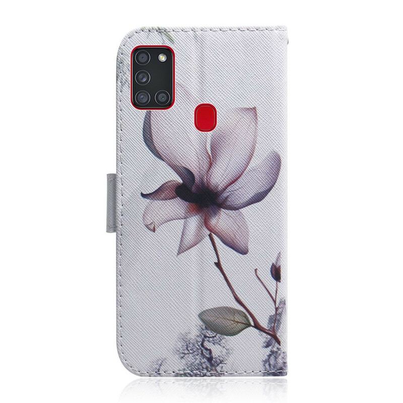 Læder Cover Samsung Galaxy A21s Blomst Støvet Pink