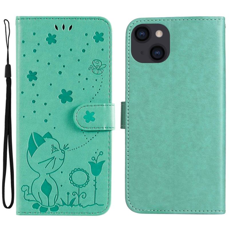Flip Cover iPhone 14 Plus Med Snor Kat Og Bi Med Snor