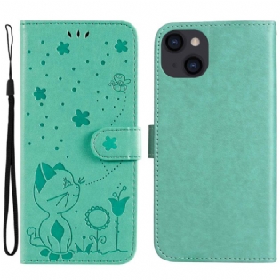 Flip Cover iPhone 14 Plus Med Snor Kat Og Bi Med Snor