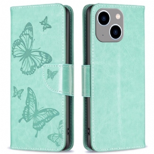 Flip Cover iPhone 14 Plus Med Snor Sommerfugle Trykt Strappy