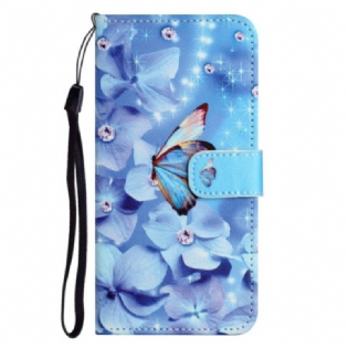 Flip Cover iPhone 14 Plus Med Snor Strappy Diamond Sommerfugle