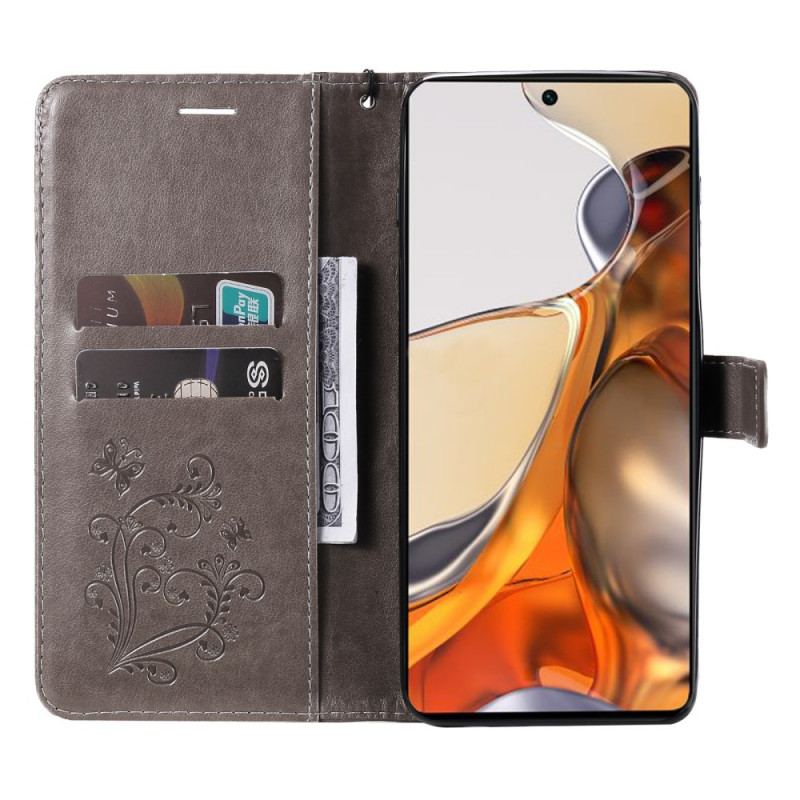 Flip Cover Xiaomi 11T / 11T Pro Med Snor Kæmpe Sommerfugle Med Rem