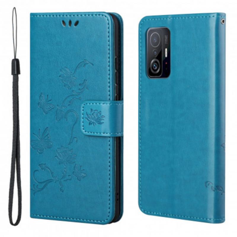 Flip Cover Xiaomi 11T / 11T Pro Med Snor Thong Sommerfugle Og Blomster