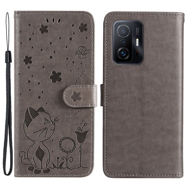 Læder Cover Xiaomi 11T / 11T Pro Med Snor Kat Og Bi Med Snor