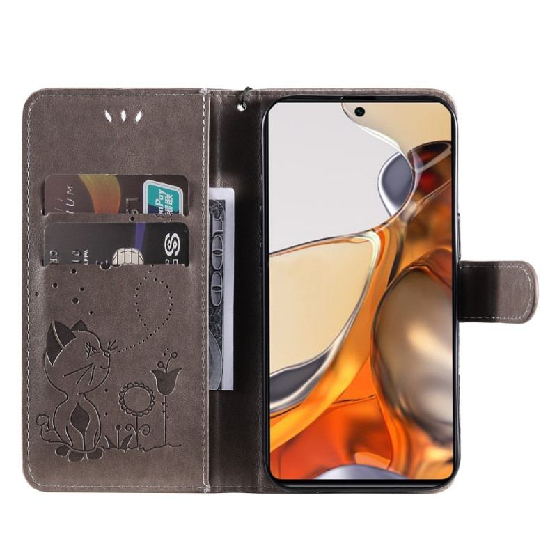 Læder Cover Xiaomi 11T / 11T Pro Med Snor Kat Og Bi Med Snor