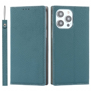 Cover iPhone 14 Pro Med Snor Flip Cover Ægte Litchi Læderrem