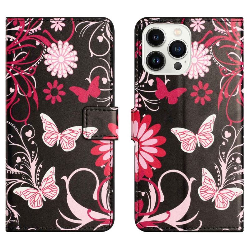 Flip Cover iPhone 14 Pro Sorte Og Hvide Sommerfugle