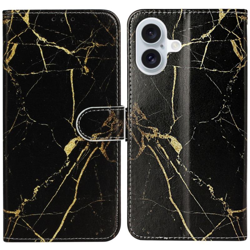 Flip Cover iPhone 16 Plus Sort Gylden Marmor