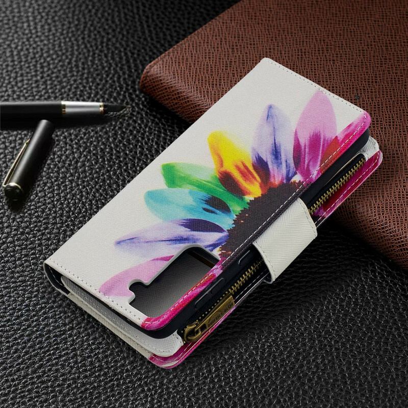 Læder Cover Samsung Galaxy S21 Plus 5G Akvarel Blomsterpose Med Lynlås