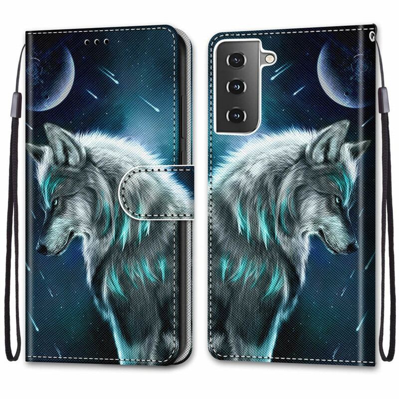 Læder Cover Samsung Galaxy S21 Plus 5G Ulv Under En Regn Af Stjerner
