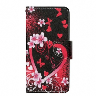 Læder Cover iPhone 13 Pro Blomster Og Hjerter Med Snor